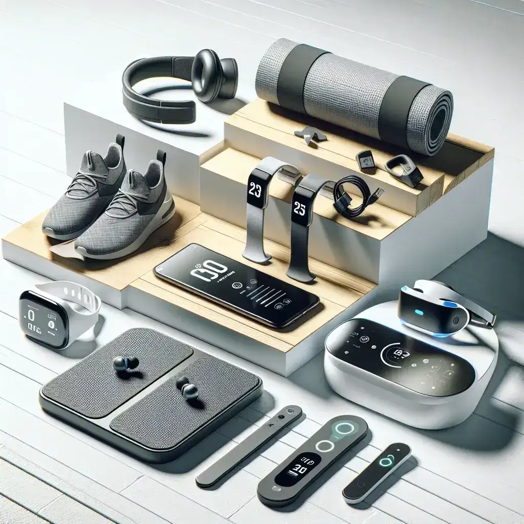 "Pantalla de un smartphone mostrando aplicaciones de fitness y dispositivos de seguimiento de salud para entrenar en casa, acompañada de equipo de ejercicio como pesas y una esterilla, en el contexto del artículo 'Apps y Dispositivos para Ponerse en Forma Sin Ir al Gimnasio: Tu Guía Completa'."