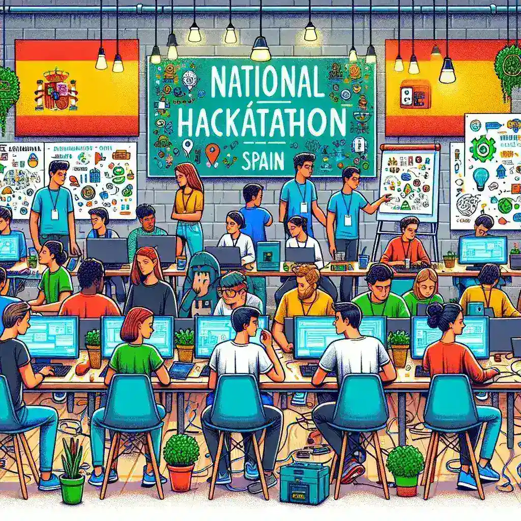 "Participantes colaborando en el hackatón nacional en España, enfocándose en el desarrollo de soluciones de inteligencia artificial ética y sostenibilidad."