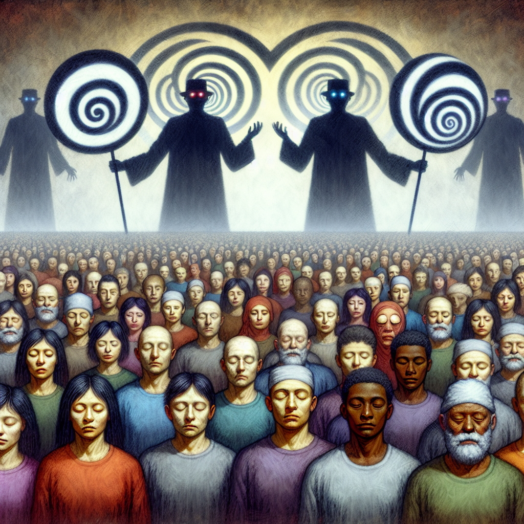 "Imagen ilustrativa de la hipnocracia en la sociedad moderna, mostrando a Donald Trump y Elon Musk como figuras clave que influyen en la percepción pública y el comportamiento social. Artículo sobre cómo estas personalidades actúan como 'sumos sacerdotes' en un régimen de manipulación y complacencia."