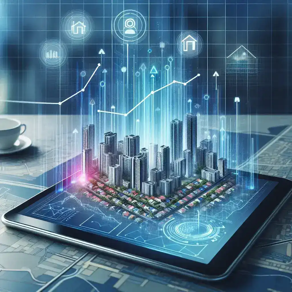 "Gráfica de tendencias de mercado inmobiliario generada por inteligencia artificial, ilustrando la predicción de valores de propiedades en el sector de bienes raíces."